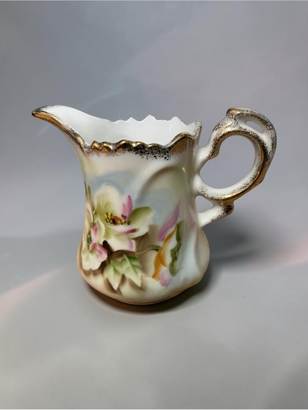 Porcelain Floral Creamer Pitcher in White with Pink Accents and Gold Trim